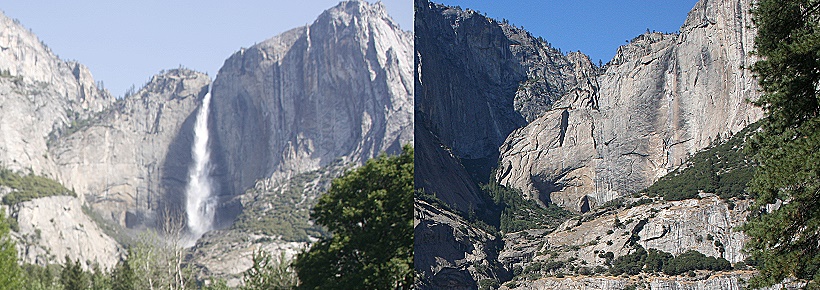 Links die Yosemite Falls Mitte Mai, rechts Anfang Oktober