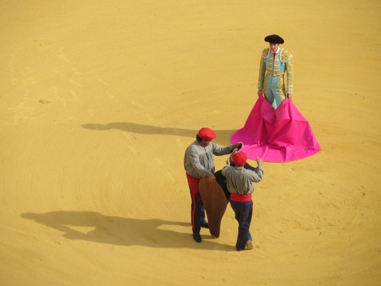 ein Torero bt den Stierkampf mit einem ausgestopften Stierkopf