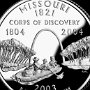 Missouri State Quarter, mit dem Gateway Arch, Lewis und Clark auf dem Missouri und der Beschriftung: „Corps of Discovery 1804-2004.“